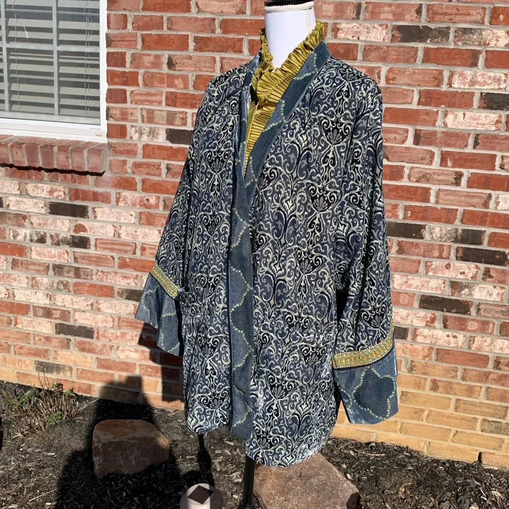 Soft Surroundings Long Blue and Gold Patterned Topper - Picture 7 of 8